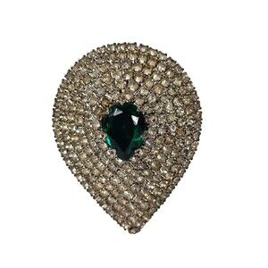 Vintage Celebrity NY Brooch Pin, Rhinestone Rain Drop & Crystal Emerald